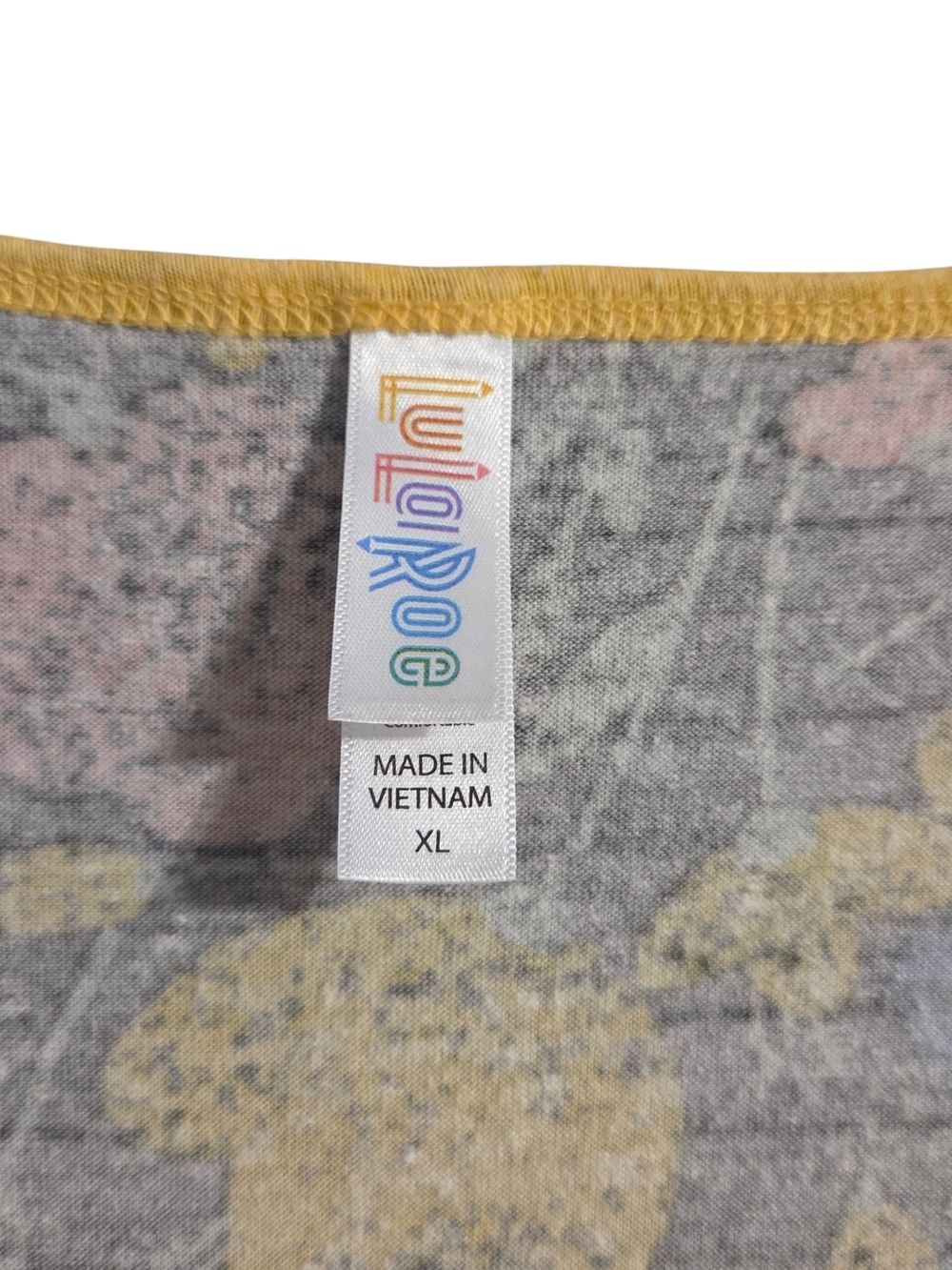 LuLaRoe Gray Floral Scoop Neck Tee with Yellow Trim and Pastel Accents - Picture 3 of 6